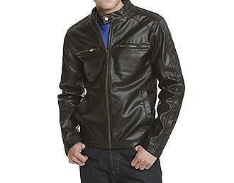 NEW WITH TAG GUESS MENS MOTORCYCLE FAUX BROWN LEATHER JACKET LARGE 