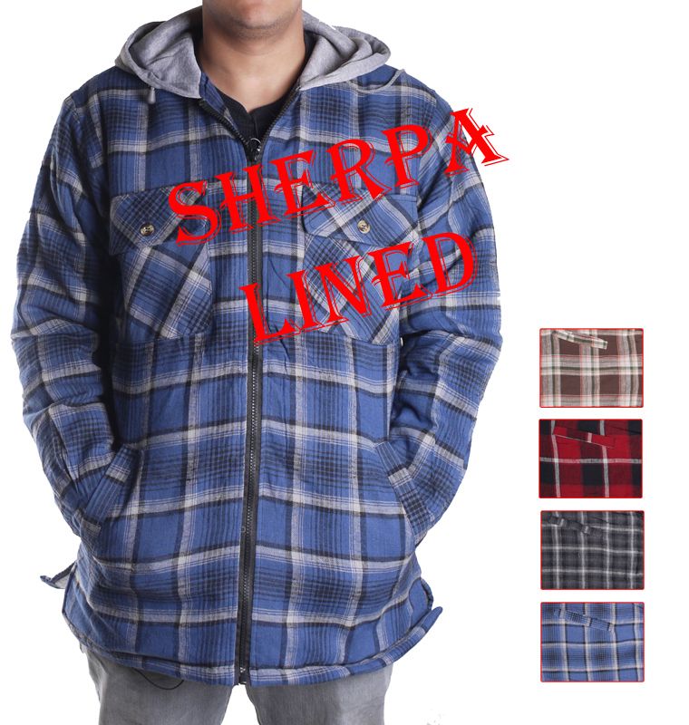 Mens plaid flannel shirt jacket,sherpa lined,fleece hood,brass zipper 