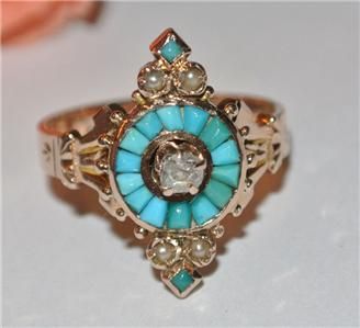 Amazing ANTIQUE VICTORIAN 14K GOLD Diamond SEED TURQUOISE PEARL RING 